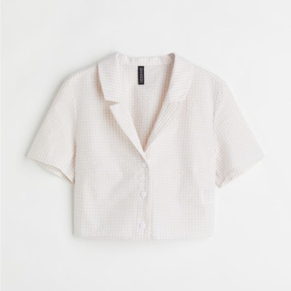 H&M Seersucker Cropped Button-Up Shirt - Light Beige